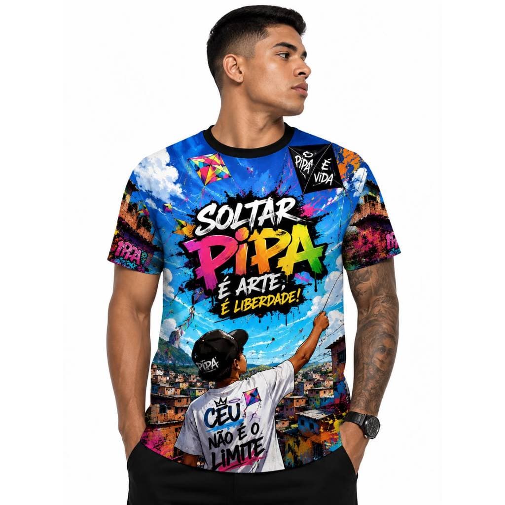 Camisa Soltar Pipa Favela 3D Sublimação Total Masculina | Camiseta Pipeiro Estampa Full Print