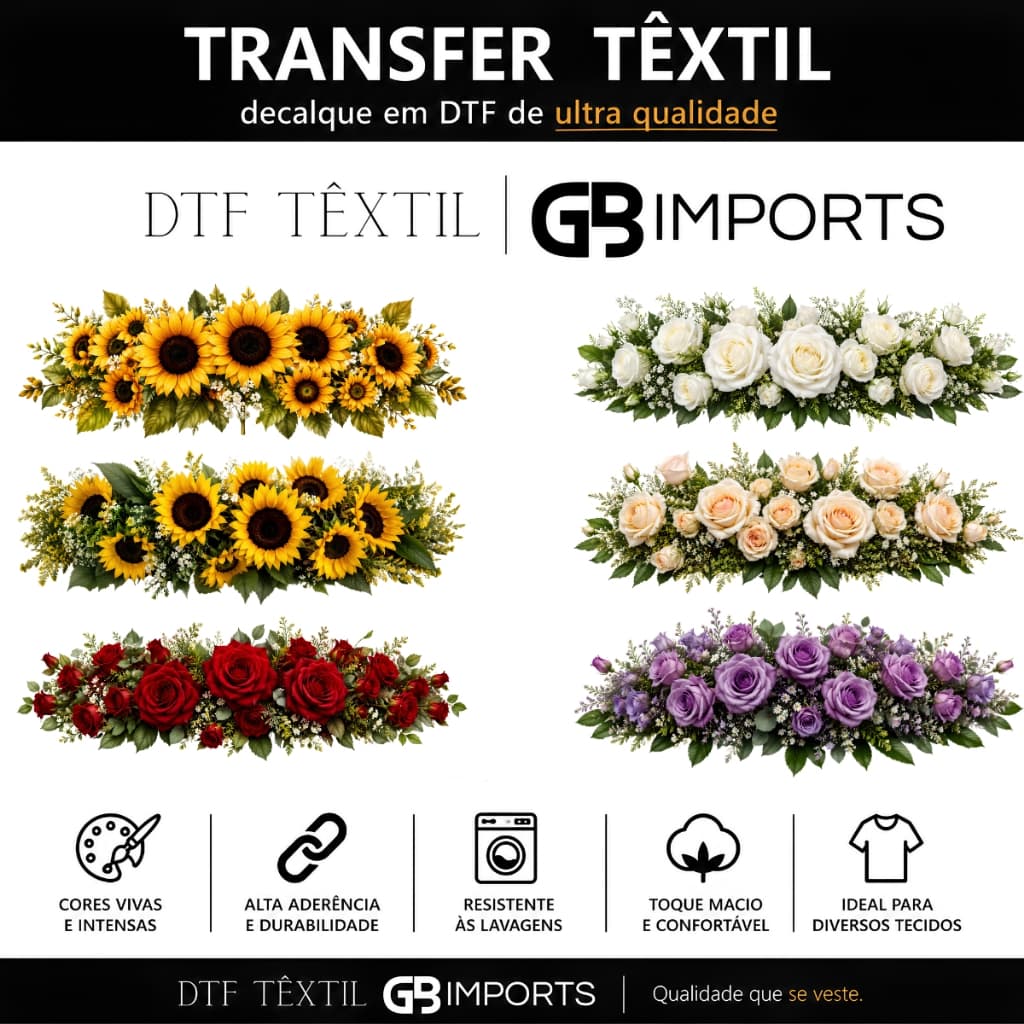 Termocolante DTF Transfer Téxtil Estampas De Flores Aplicação Com Ferro Para Tolhas e Panos De Prato