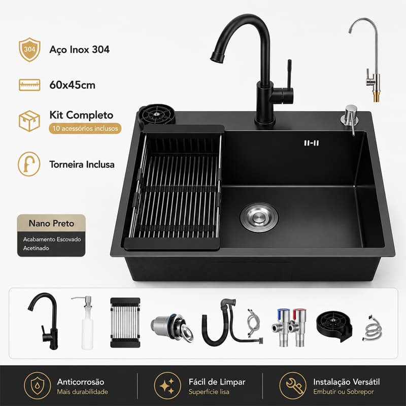 Cuba Gourmet Cascata 60x45cm Aço Inox 304 Nano Preto Kit Completo com Torneira e Acessórios