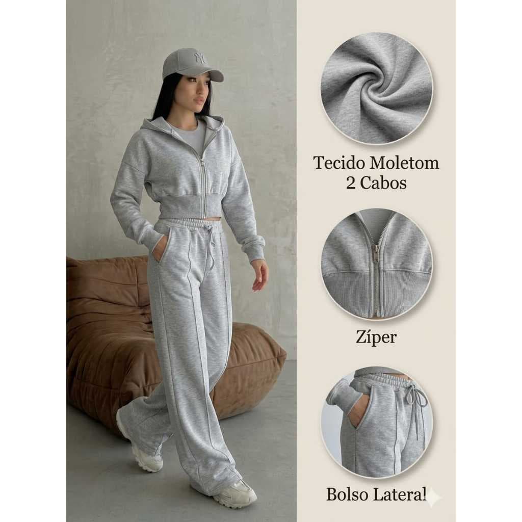 Conjunto Moletom Feminino com zíper +capuz calça cargo longo moda inverno TOP