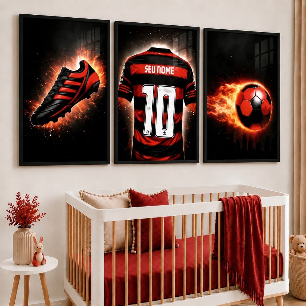 Quadro Decorativo Times Brasileiros Infantil Futebol 3 Peças Personalizado Nome Camisa 10 flamen,corinth,cruzei