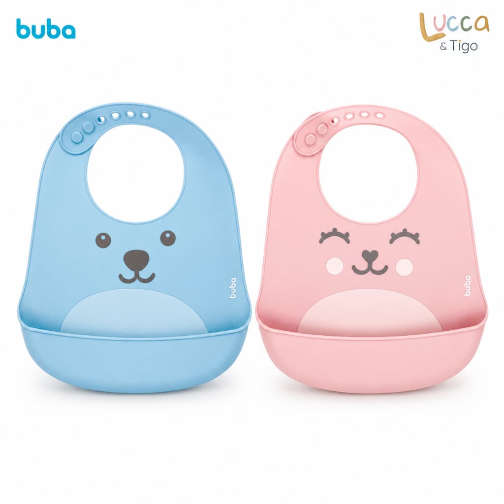 Babador Silicone Buba - Impermeável, Livre de BPA, Pega Migalhas - Azul ou Rosa