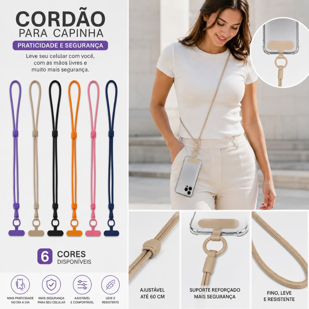 Cordão cordinha grossa pescoço ajustável para celular salva anti furto