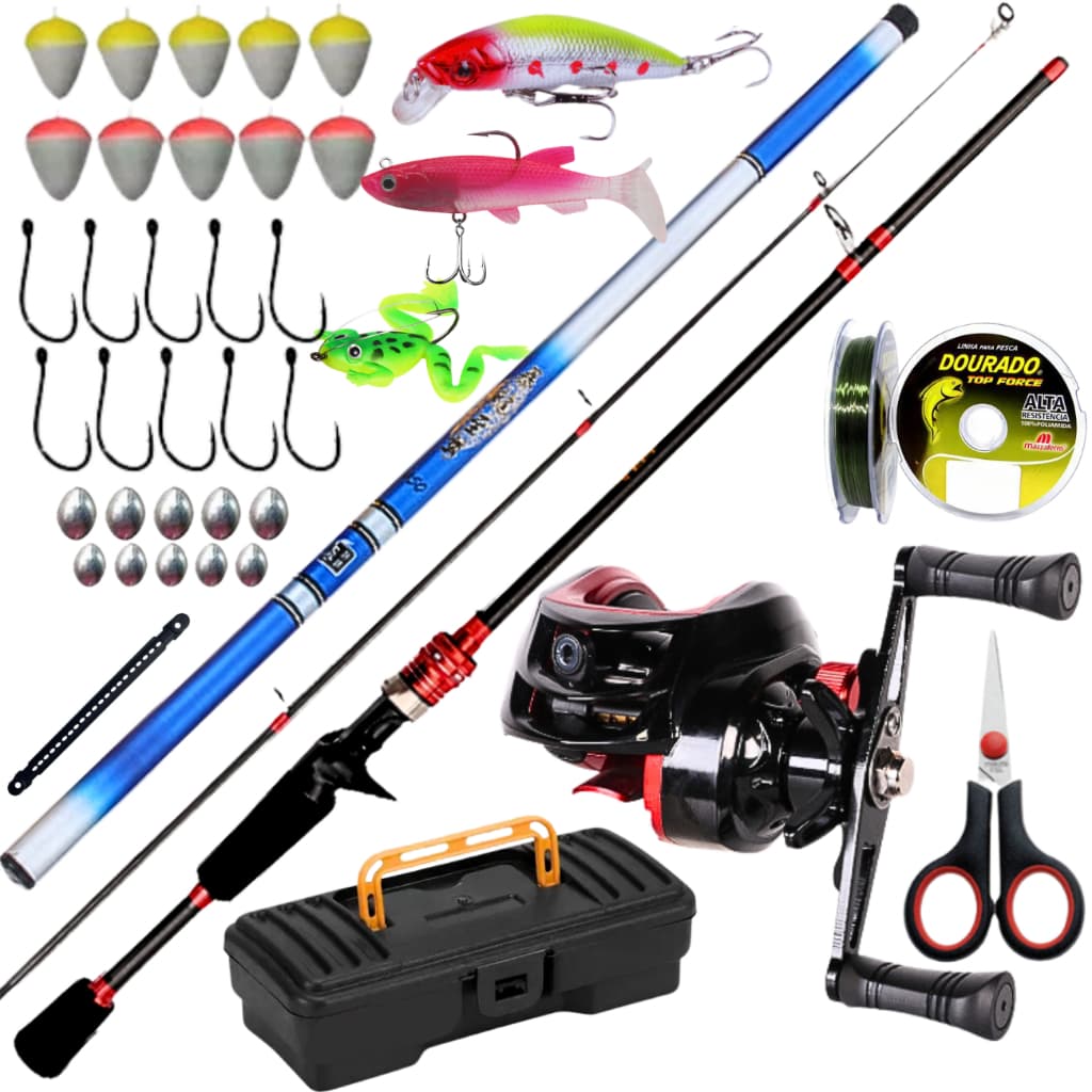 Carretilha de Pesca Anticabeleira Vara Fibra Carbono Vara Telescopica Mão 4,50 KIT Isca Artificial