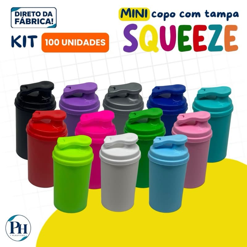 KIT 100 COPOS MINI DRINK 200ML COM TAMPA SQUEEZE | MINI SQUEEZE/COQUETELEIRA/SHAKEIRA | FESTAS, EVENTOS E LEMBRANCINHAS