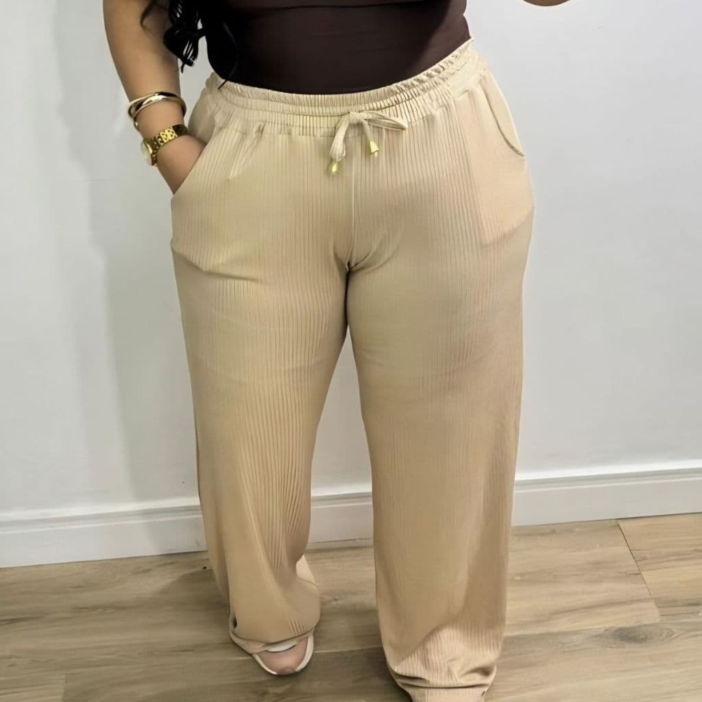 Oferta Calça Pantalona Plus Size Malha Canelada Premium ZERO TRANSPARENCIA  Com Bolso