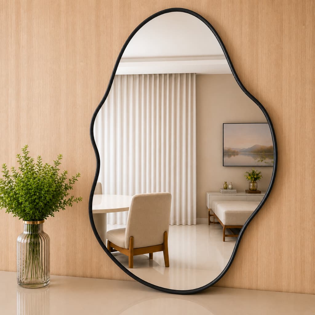 Espelho Orgânico Com Moldura Couro Preto Pinterest 70x50 ORNA Banheiro Lavabo Quarto Decoração Hall