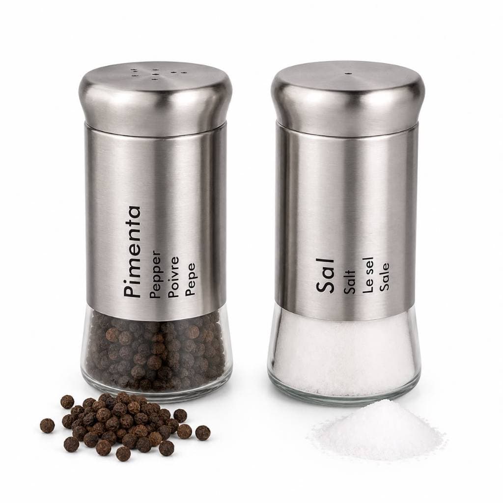 Kit Saleiro e Pimenteiro Mesa Cozinha Vidro e Aco Inox Moderno
