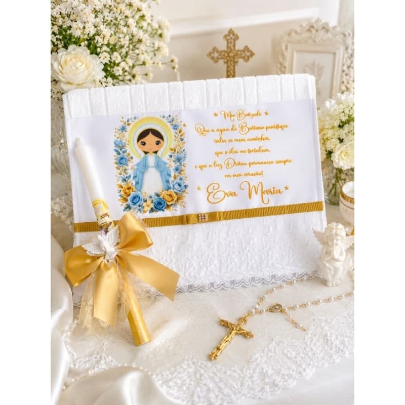 kit Toalha Lavabo e Vela para Batizado/Toalha santinho para Batizado