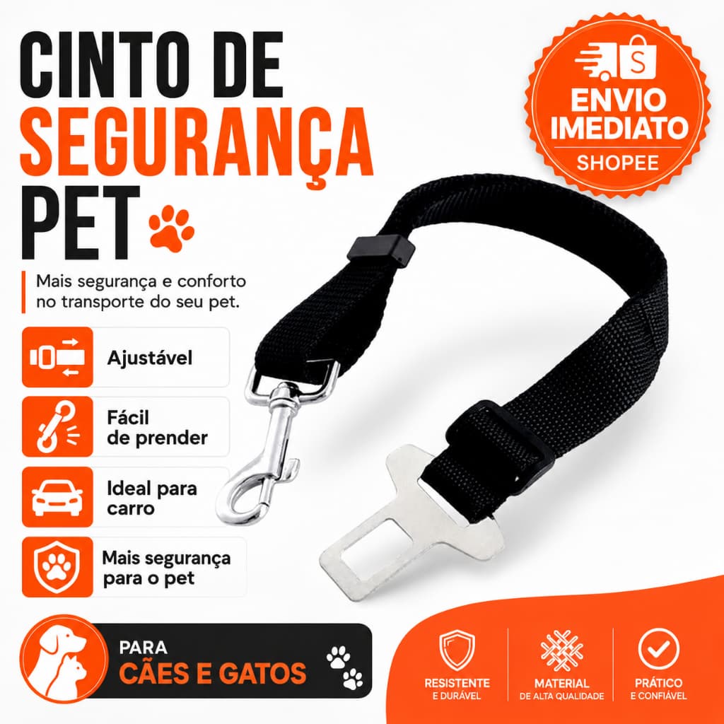 Cinto de Segurança para Cachorro e Gato Ajustável Pet Carro Guia com Mosquetão