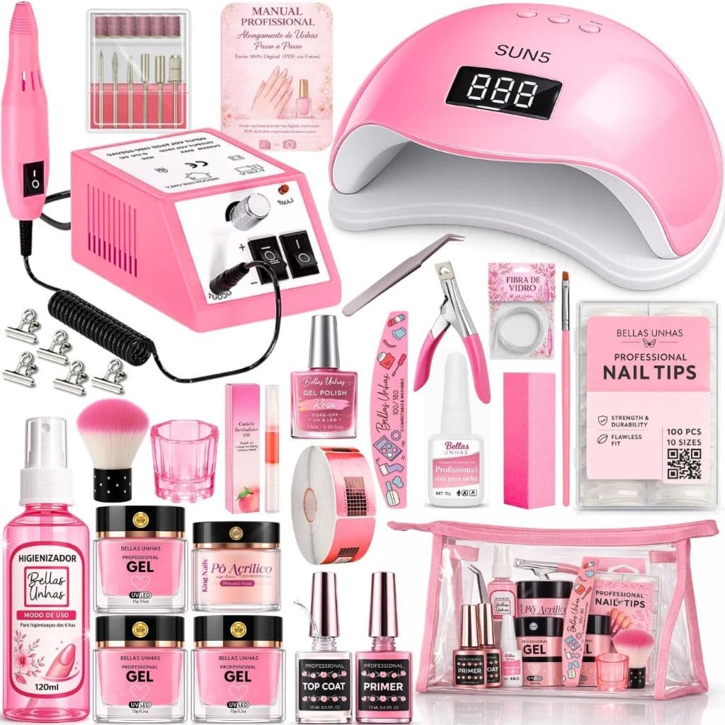 Kit de Alongamento de Unha em Gel Profissional + Lixadeira Mercedes e Cabine Led Uv - Envio Imediato