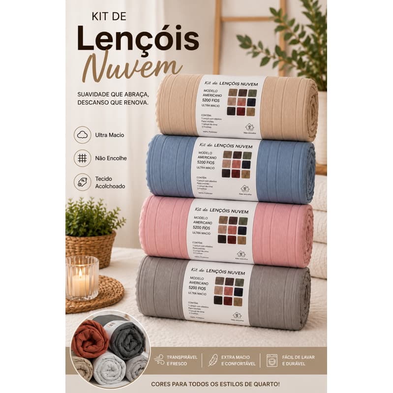 Kit Lençol Queen Casa Eterna 5200 Fios – 4 Lençóis com Elástico + Fronhas | Modelo Americano