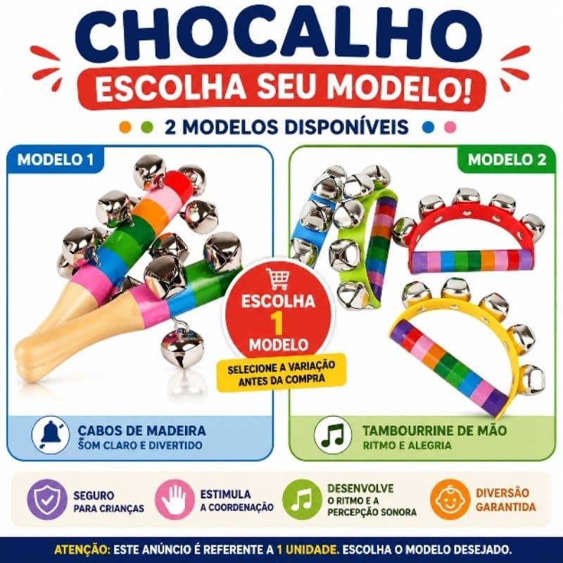 Chocalho Infantil Musical Madeira e Guizos | Escolha o Modelo | Brinquedo Sensorial Educativo para Bebês e Crianças