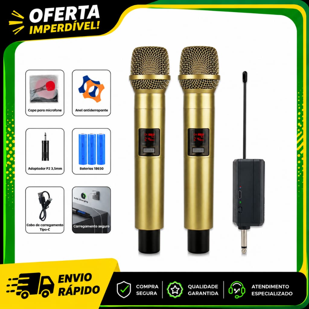 Microfone Sem Fio Profissional Dourado MOREFAND 2.4G Cardioide Bateria 24h Type-C Karaokê Shows Pagode