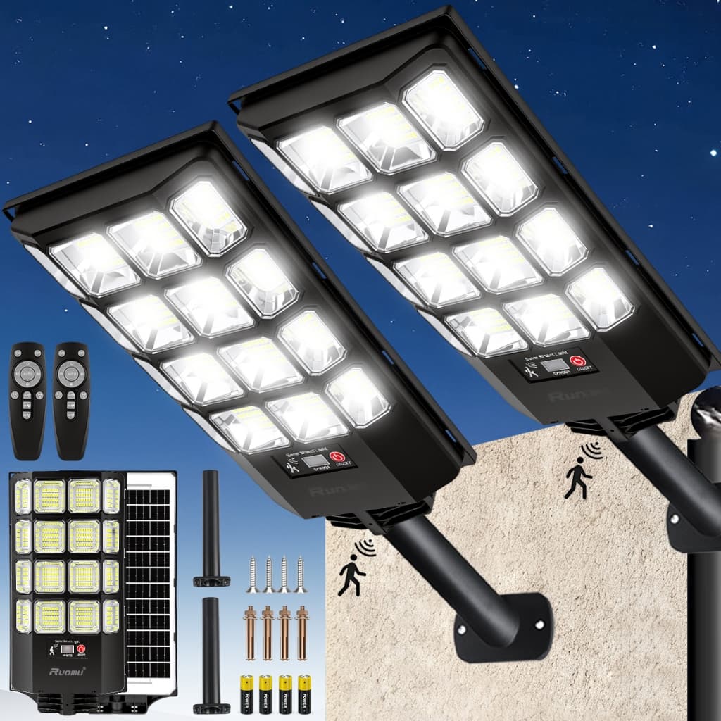 Kit 2 900W Luminaria Solar Externa Com Sensor Iluminação Ip67 Parede Poste Preto