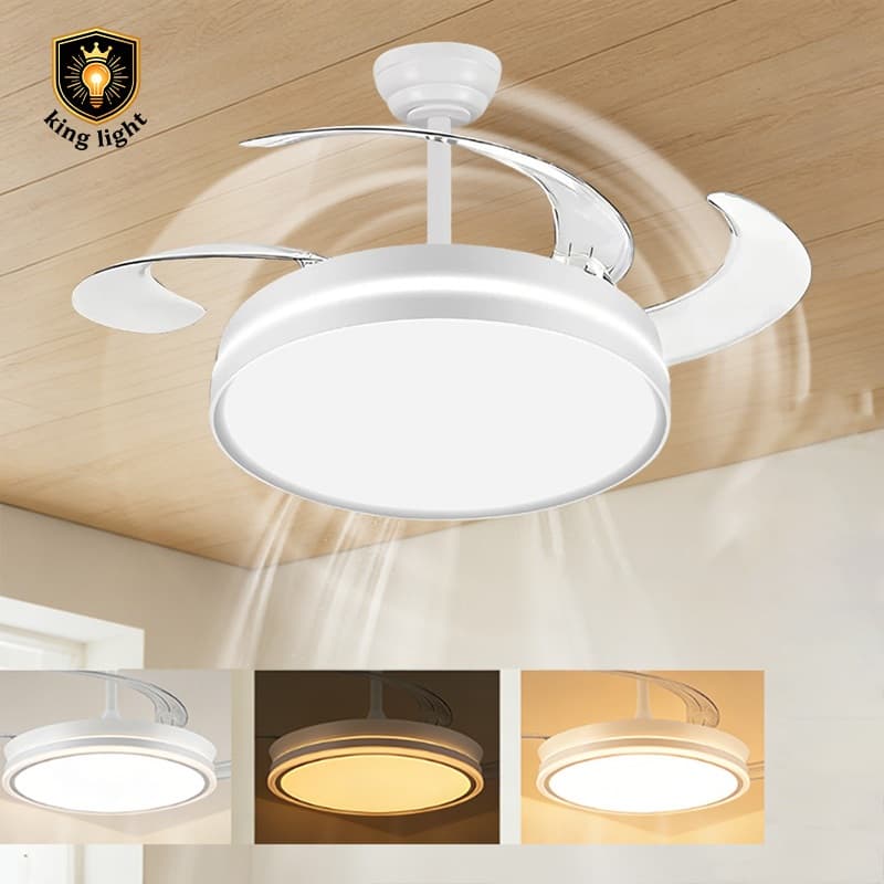 Ventilador de Teto Silencioso Bivolt 4 hélices Retratil Lâmpada de LED 3 cores com Controle