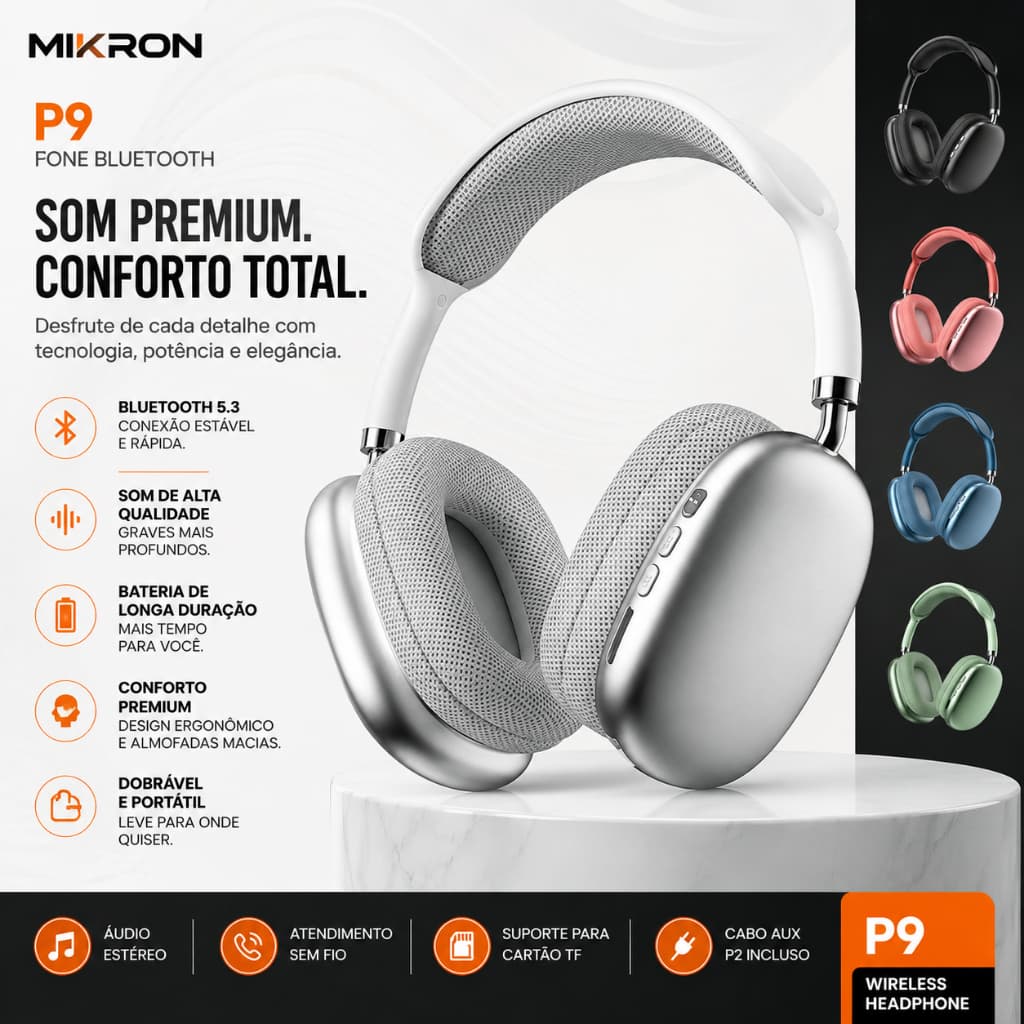 Headphone Bluetooth P9 Premium Sem Fio Bluetooth 5.3 Hi-Fi Dobrável Microfone TF P2