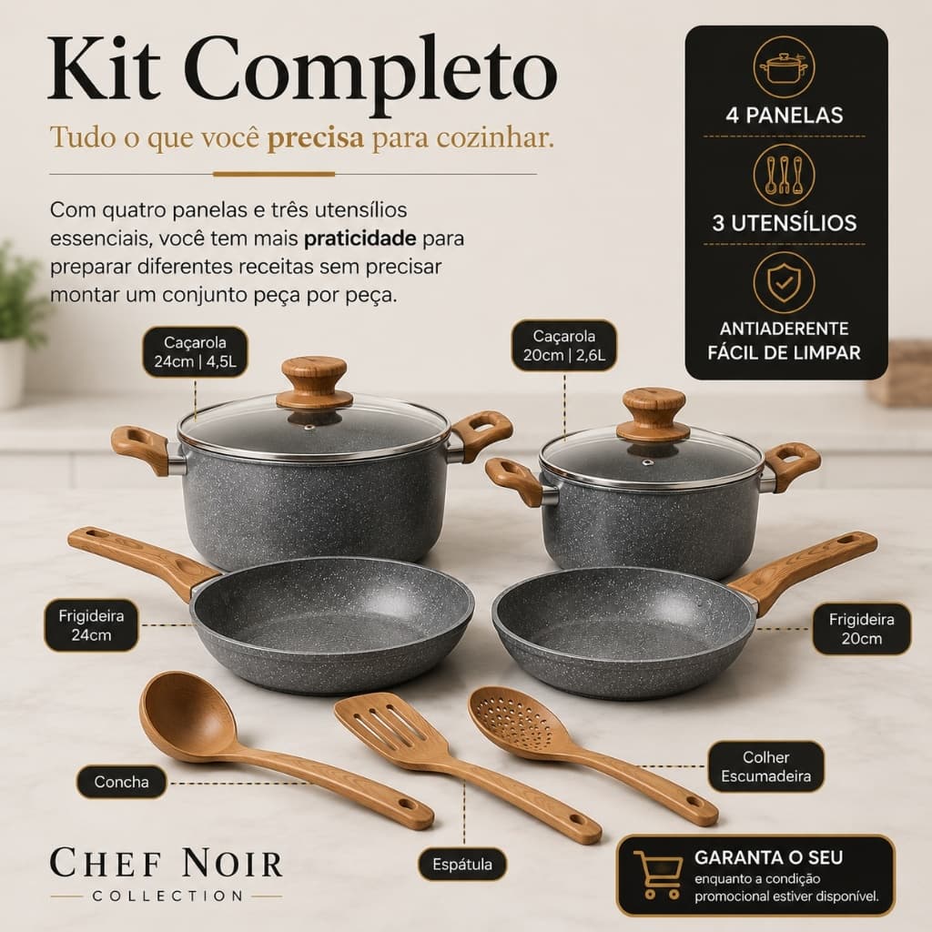 Conjunto de Panelas Antiaderente 4 Peças com 3 Utensílios Cozinha Cinza Chef Noir Collection