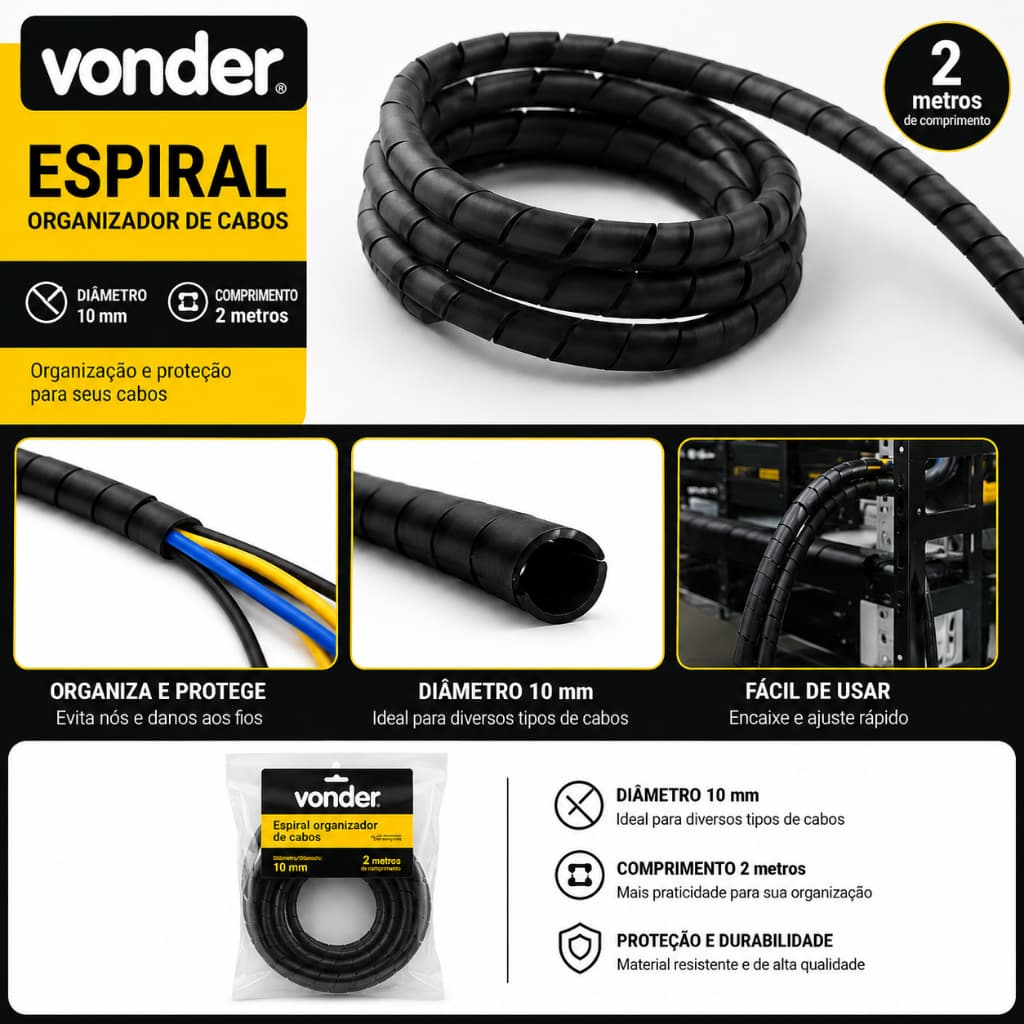 Protetor Espiral Organizador Cabos Fios 10mm Preto 2 Metros Vonder - Organiza Escritório TV PC