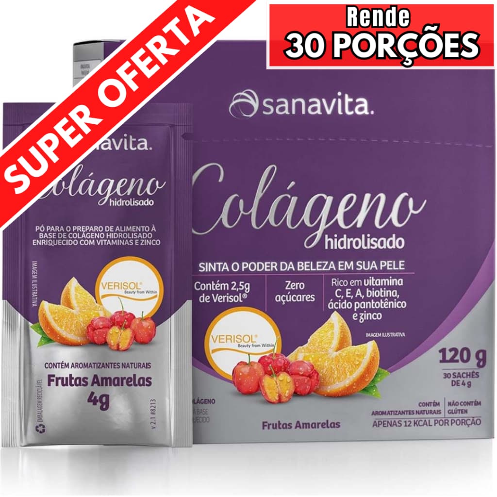 Colágeno Hidrolisado Verisol Sanavita 30 sachês - O melhor p/ Previnir Flacidez da pele e Rugas