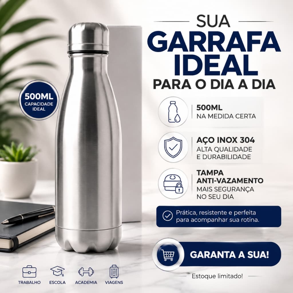 Garrafa Inox 500ml com Tampa Squeeze Água Gelada Escola Academia Viagem