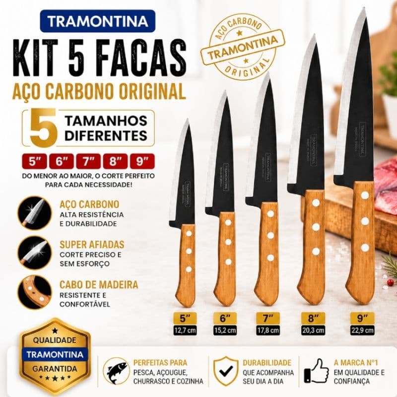 Kit 5 Facas Tramontina Aço Carbono 5 6 7 8 9 Polegadas Cabo Madeira