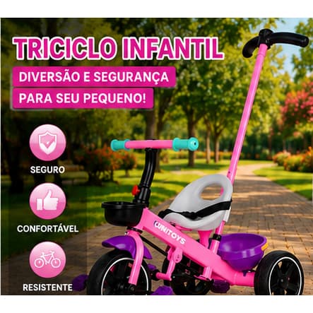 Triciclo Infantil Rosa com Empurrador, Cadeirinha e Assento Seguro para Crianças de 1 a 4 Anos
