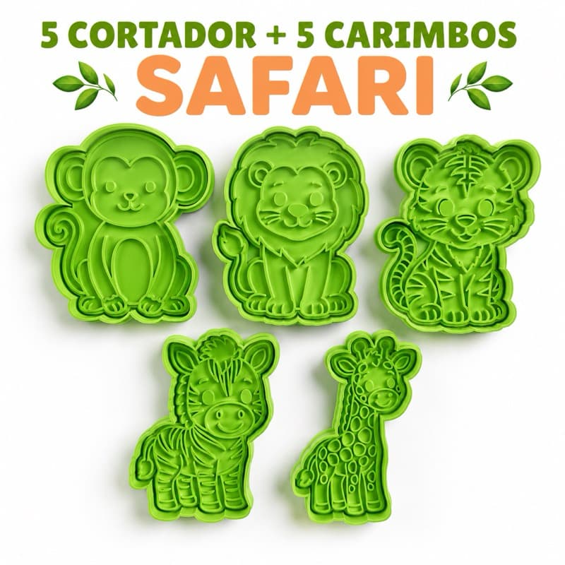 Kit 5 cortador com marcador molde tema safari para biscoitos Pasta Americana Cortador + Carimbo com puxador