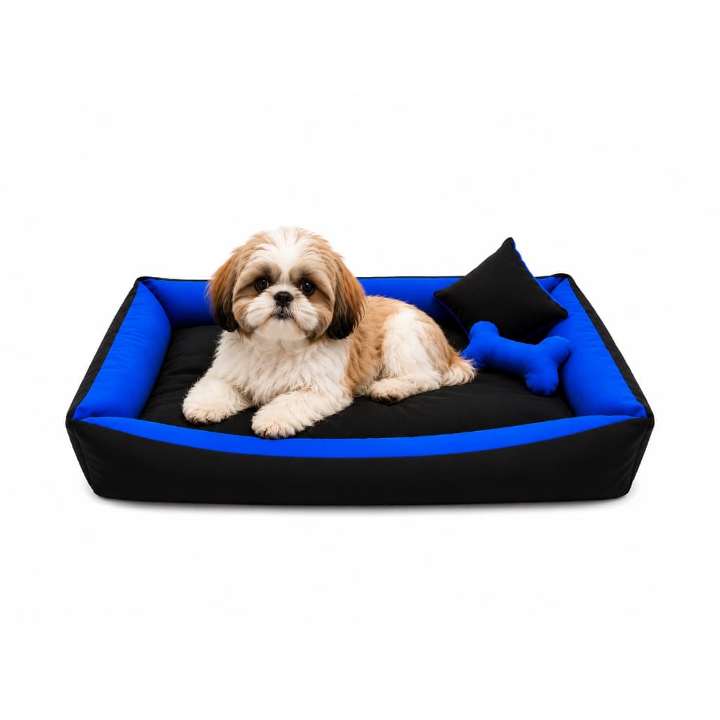 Caminha  Pet Para Cachorro Porte Médio 80x60 cm Com Brinquedos que são Um Ossinho e uma almofadinha.