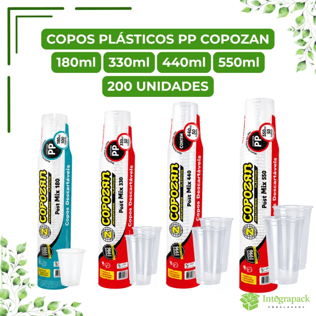 Copos Plásticos PP Copozan 200und Descartáveis Café Açaí Água Refrigerante Suco Copão Drinks Eventos