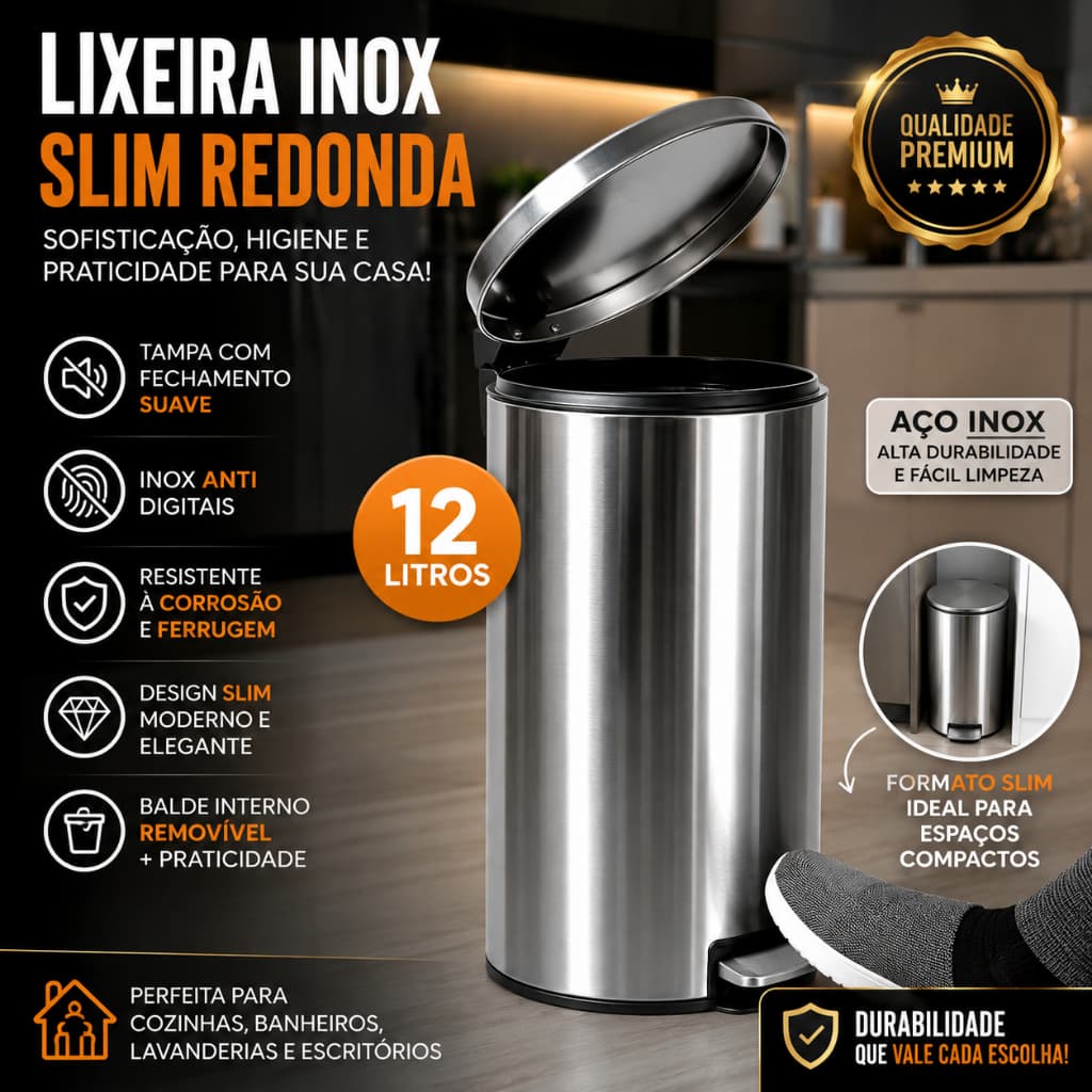 Lixeira Inox SLIN Redonda Capacidade 12 Litros Acionamento Pedal Silencioso Cozinha ou Banheiro