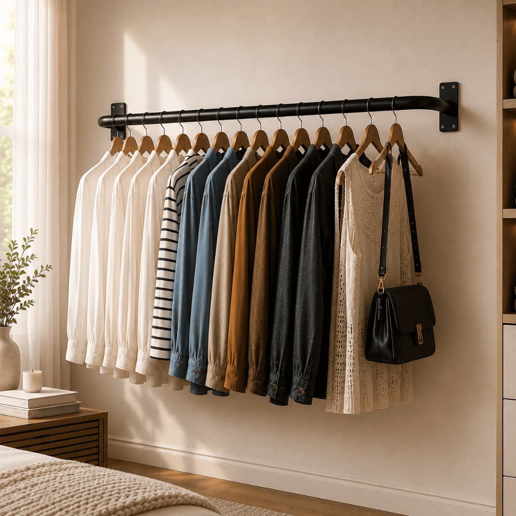 Arara de Roupas para Parede  Cabideiro 100 cm Aço Carbono Closet Loja Quarto Preta Branca