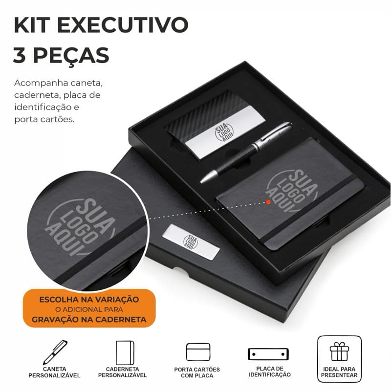Kit Executivo Luxo 3 Peças Personalizado LogO Empresa Nome Time Caneta Caderneta e Porta Cartoes