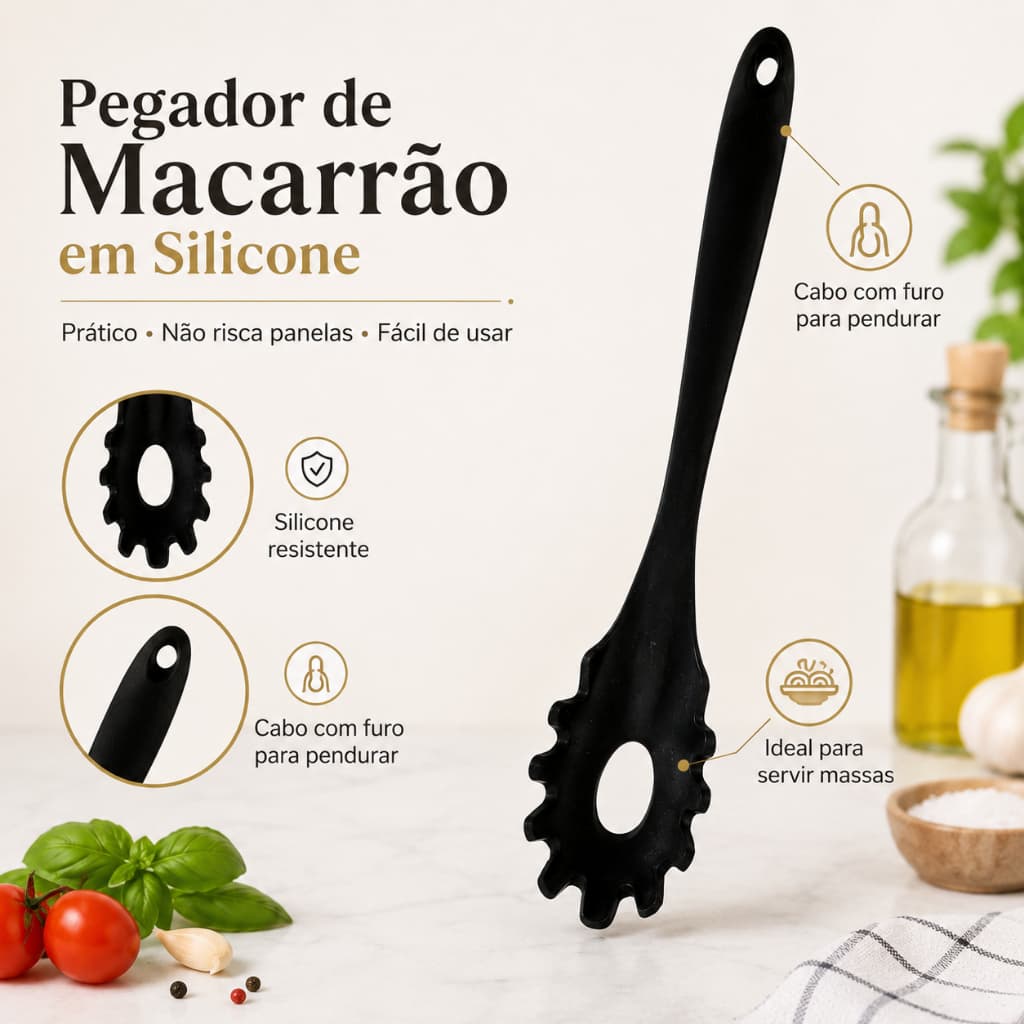 Pegador de Macarrão Silicone Preto ou Vermelho Colher para Massa Espaguete Antiaderente Cozinha