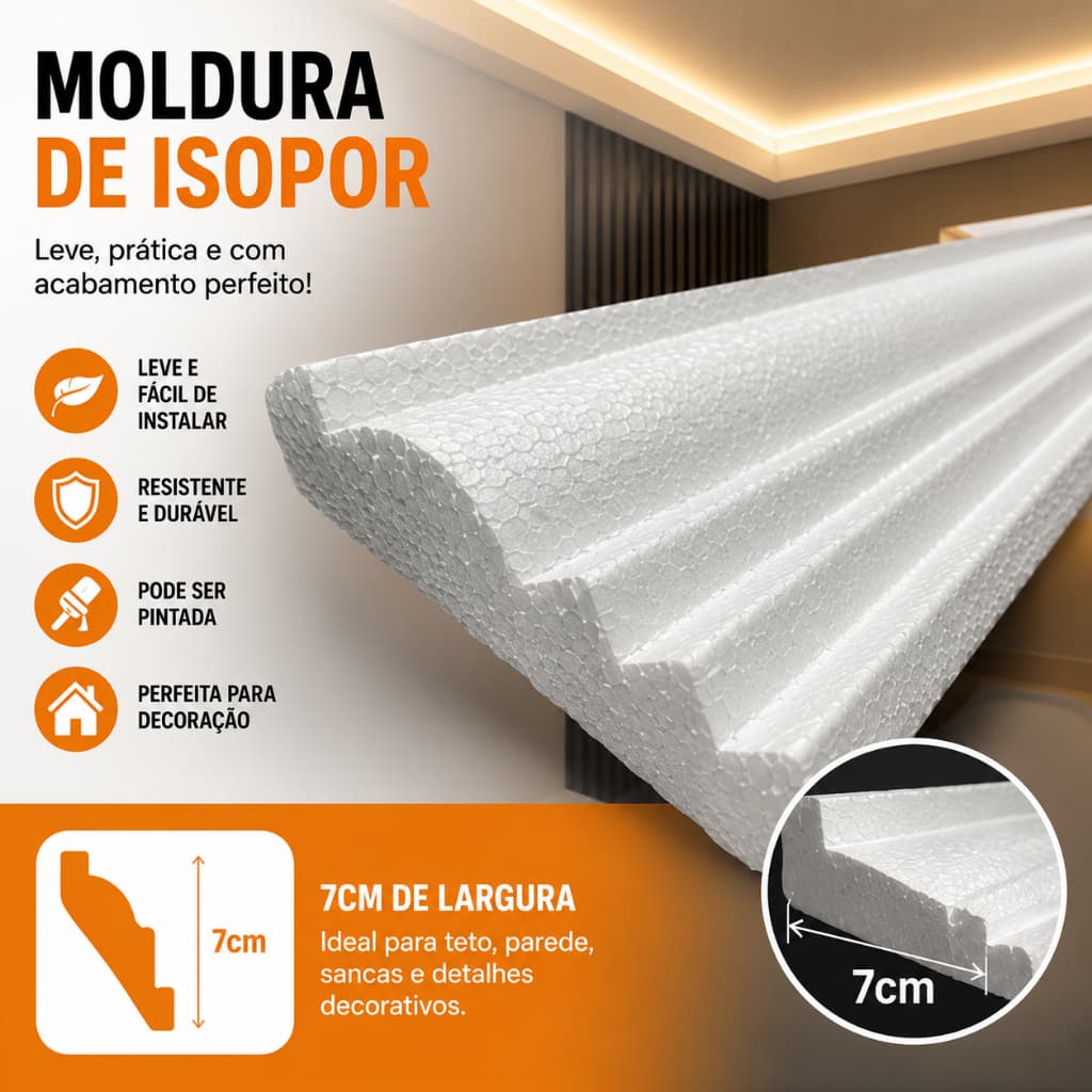 Roda Teto Sanca de Isopor EPS Antichamas 40 METROS – PURO, Alta Densidade e Qualidade Premium