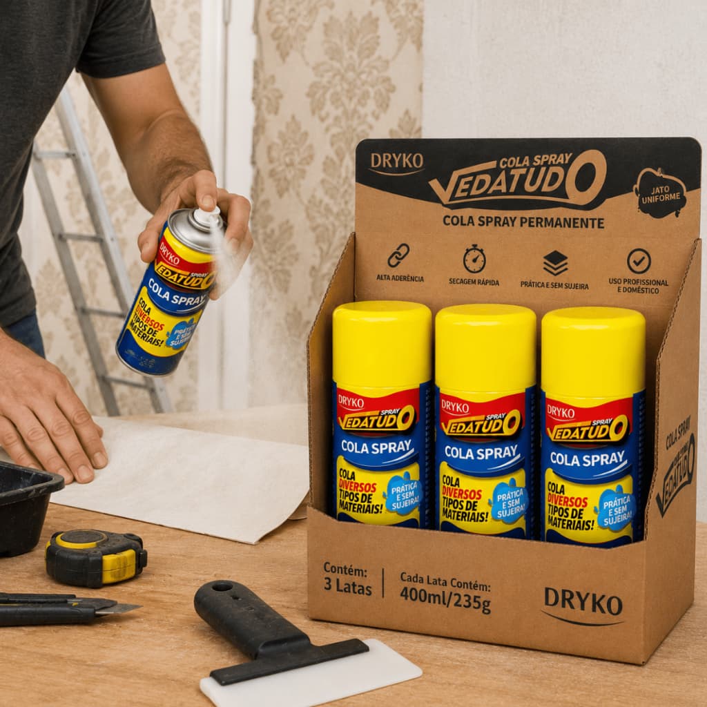 kit 3 Cola Spray Secagem rápida para Papel de parede, Tecidos, Couro, Artesanato, EVA, Isopor Dryko
