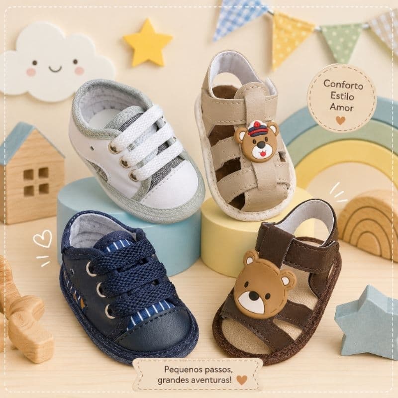 4 pares de sapatinhos para bebê menino 13 ao 18 ursinho sapato calçado infantil sapatinho sandália