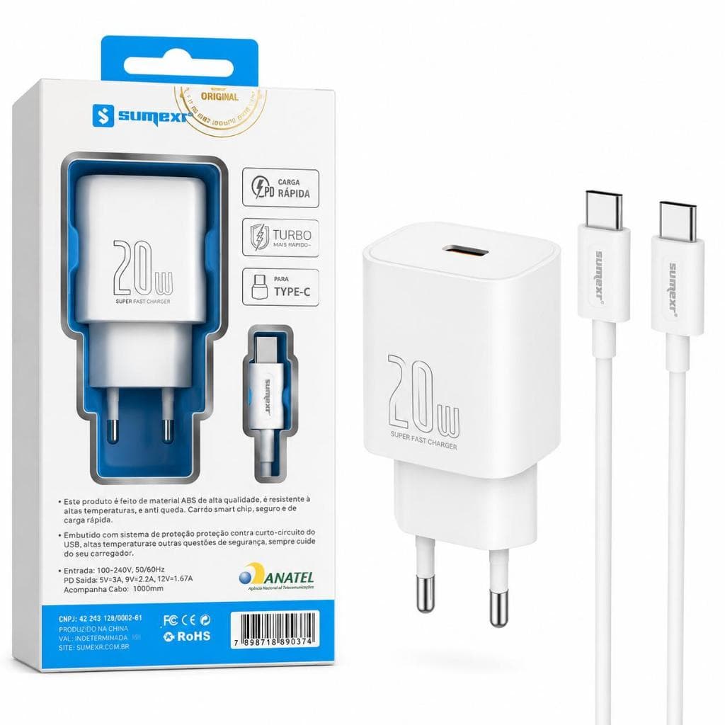 Carregador turbo 20w usb-c pd + cabo tipo c compatível iphone 15/16 e android