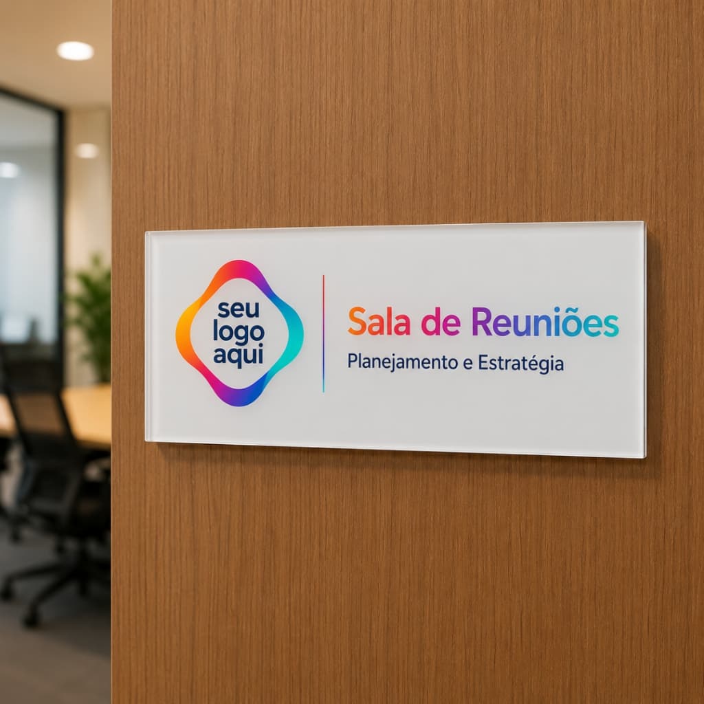 Placa Sinalização Porta Acrílico Personalizada 30x10 Escritório Banheiro Sala Setores com Logo