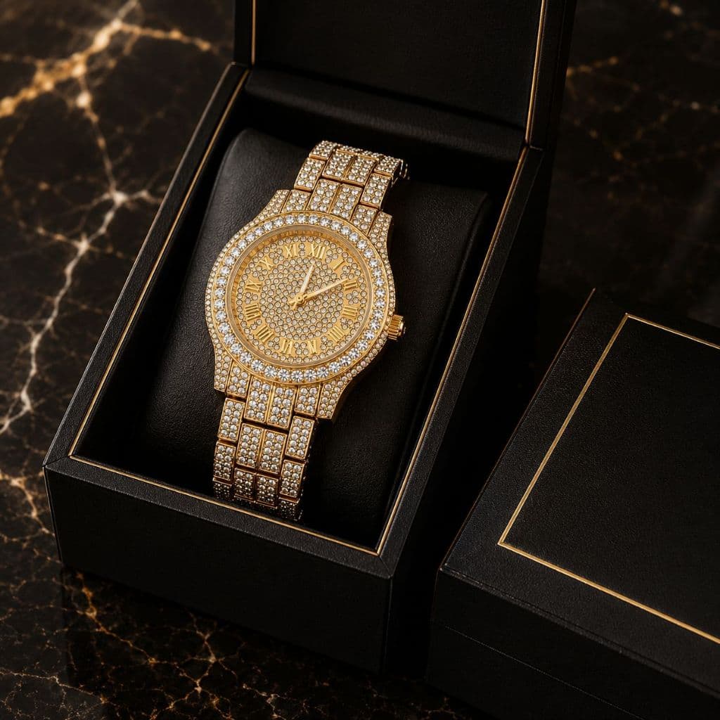 Relógio Feminino Cravejado Redondo Aço Inoxidável Prata e Dourado Strass Prova d'Água