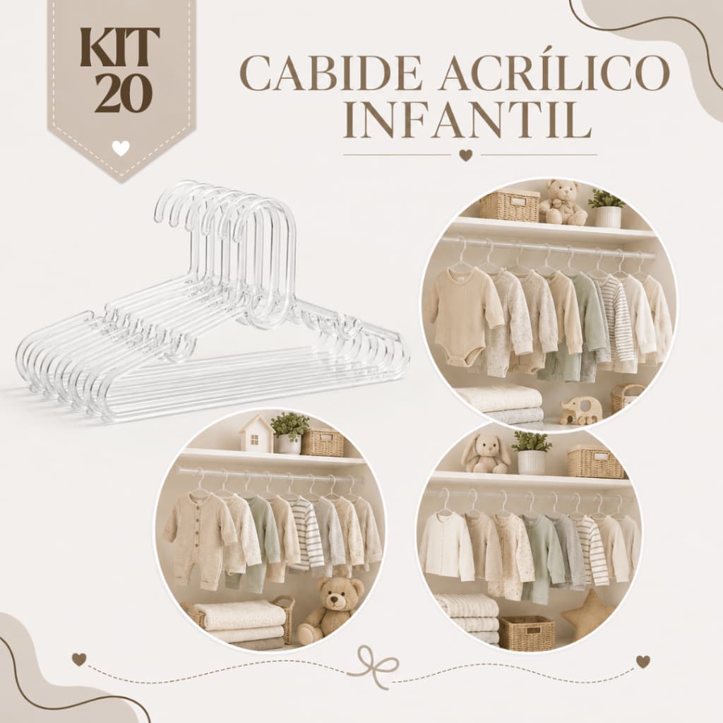 Kit 20 Cabides Infantil Acrílico Transparente Reforçado Para Bebê Criança