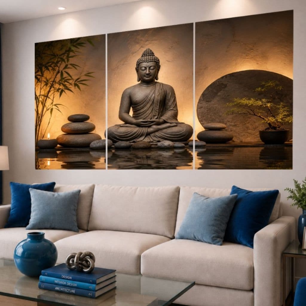 Quadro Decorativo 3 Peças Buda Meditação Zen Sala Moderno Minimalista Mosaico Sala Quarto Escritório Banheiro Lavabo Spa