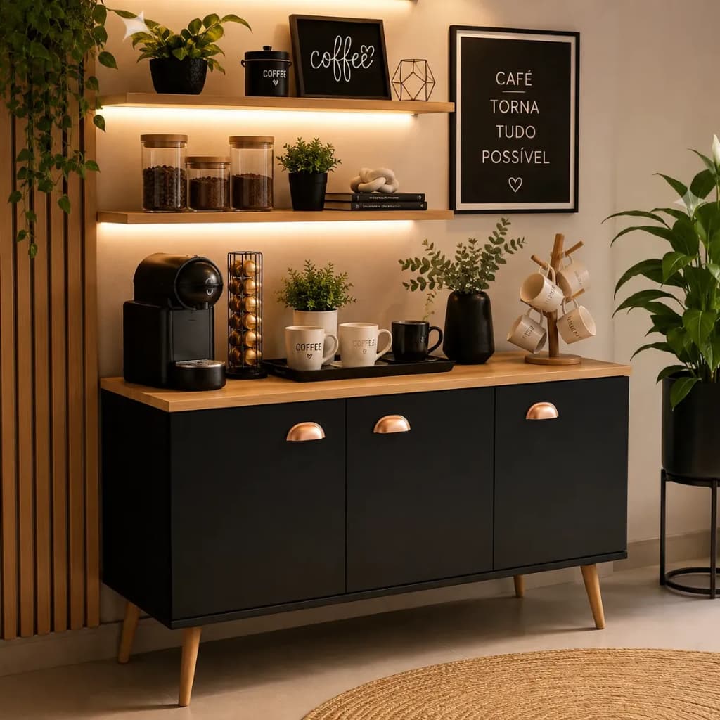 Buffet Aparador Cantinho Do Café Estilo Industrial Com 3 Portas Para Sala Freijó