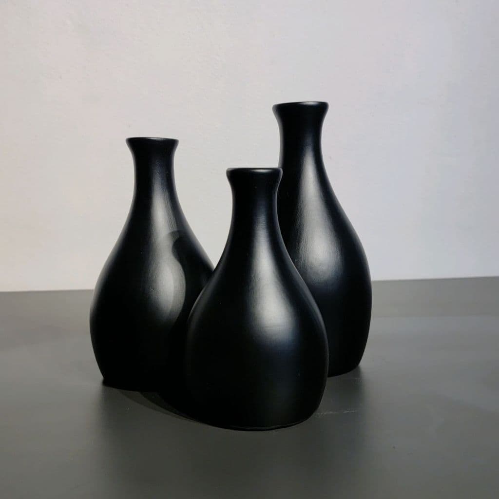 Trio de Vasos Bojudinho Preto em Cerâmica Decorativo Centro de Mesa Sala
