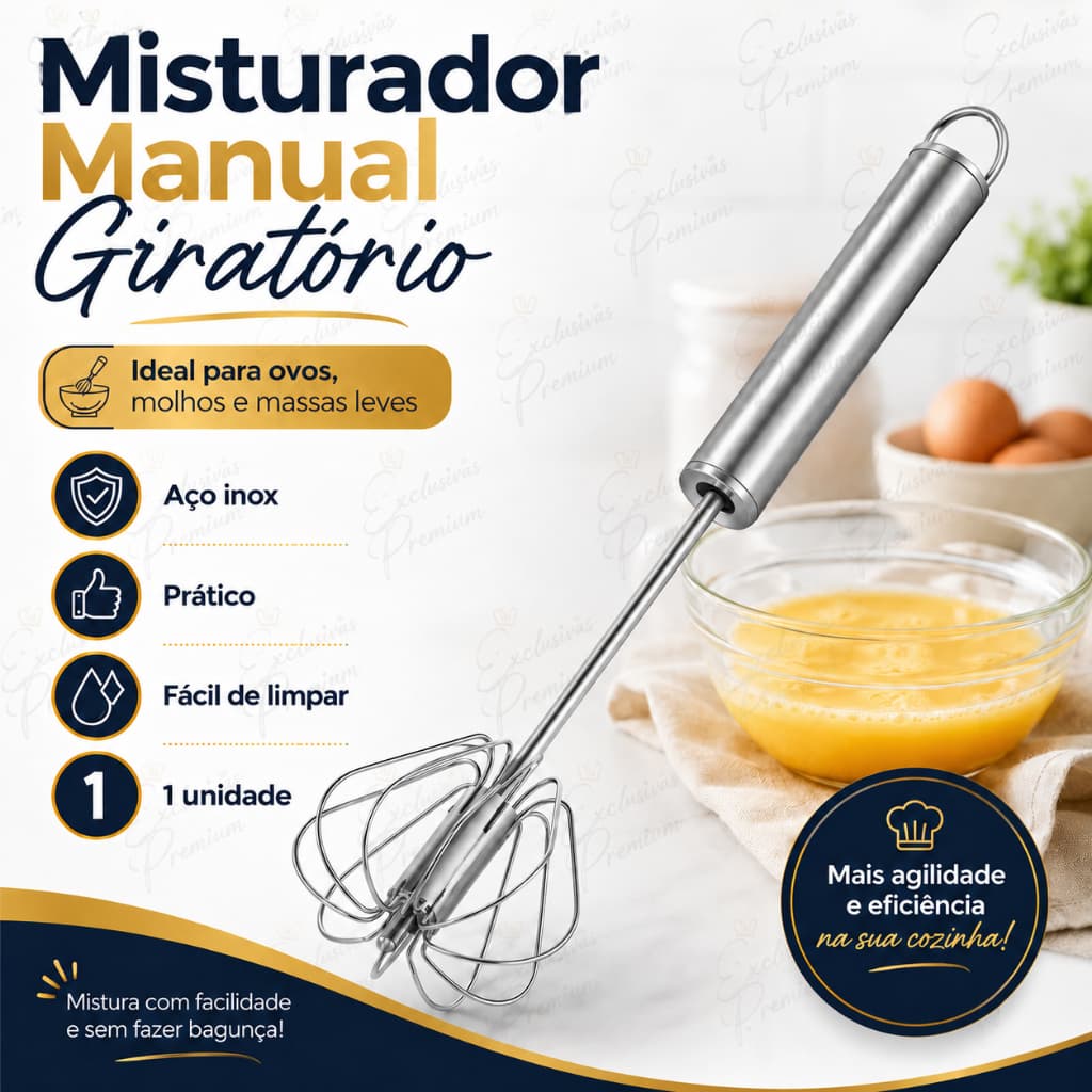 Misturador Batedor Fuê Manual Giratório Aço Inox Para Ovos Molhos Massas  Leves