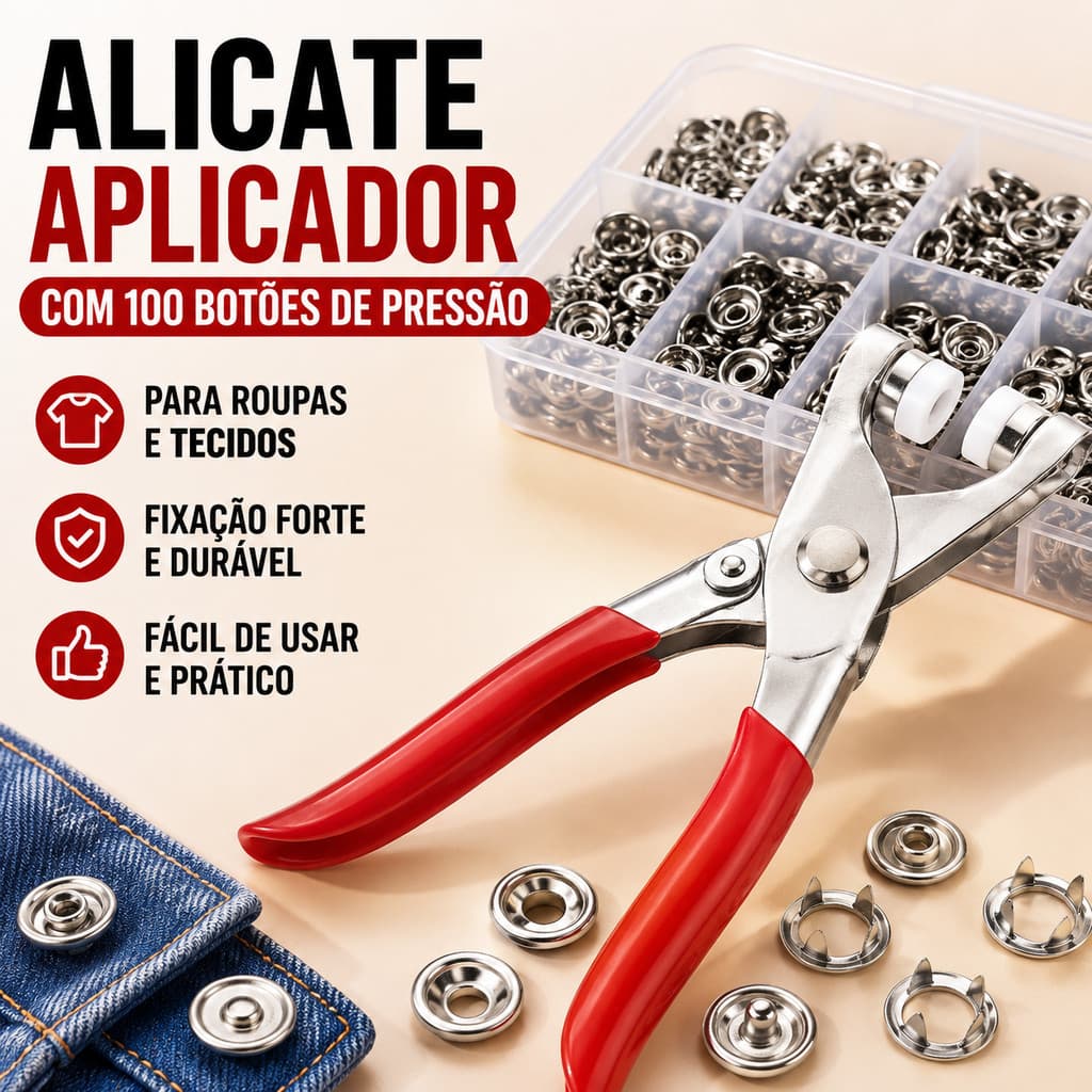Alicate Aplicador de Botão de Pressão com 100 Botões de Metal para Roupas e Tecidos