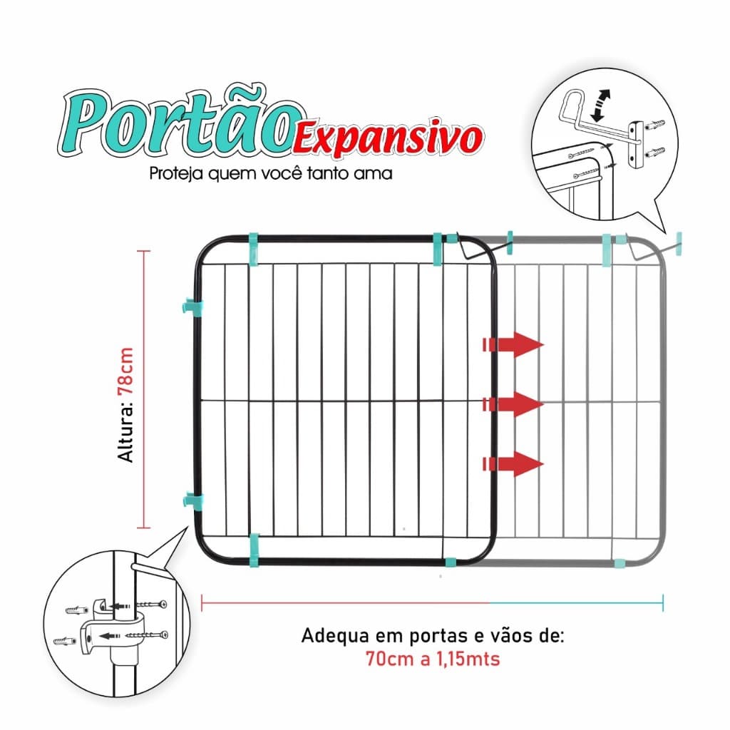 Portão Grade Expansivo Proteção Criança Cão Pet 70 a 115 Cm da Pet Útil