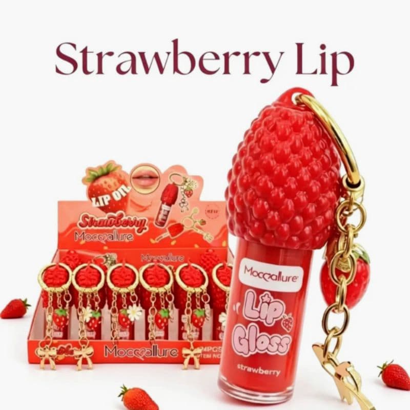 Lip Gloss Labial Morango com Chaveiro Pingente Hidratante Brilho, nas Cores Rosa Vermelho