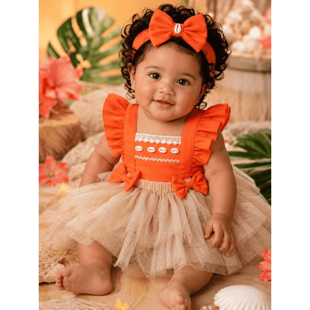 Conjunto Jardineira Saia Bebê Moana Temático Festa Ensaio Fotográfico Body Romper Baby Princesa Laço