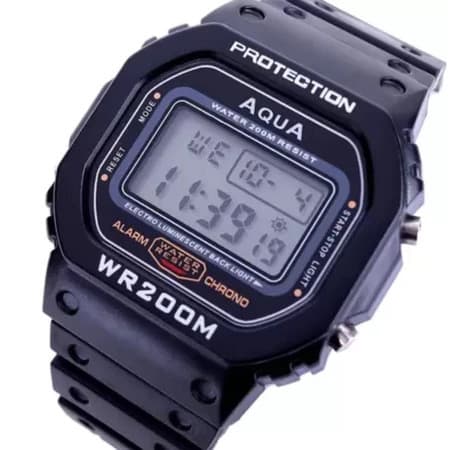AQUA Relógio Digital Masculino, PRETO, Resistente à Água 200M, Alarme, Cronômetro, Luz de Fundo Eletroluminescente